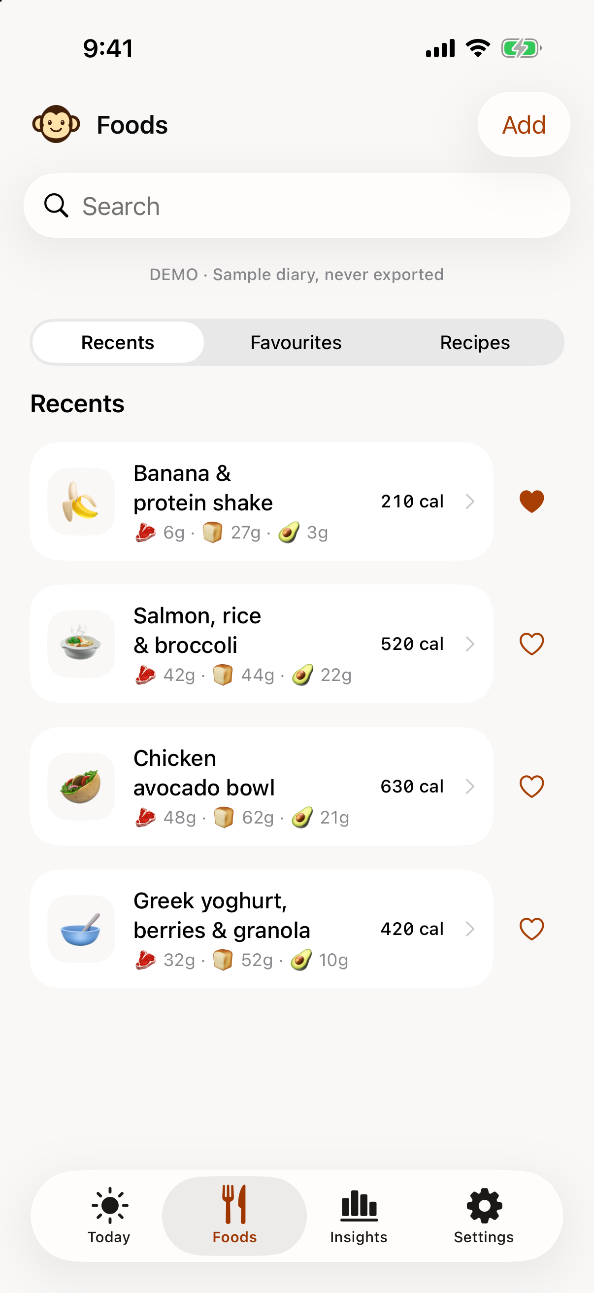 MacroMonkey saved foods library displaying synthetic favourite meals.