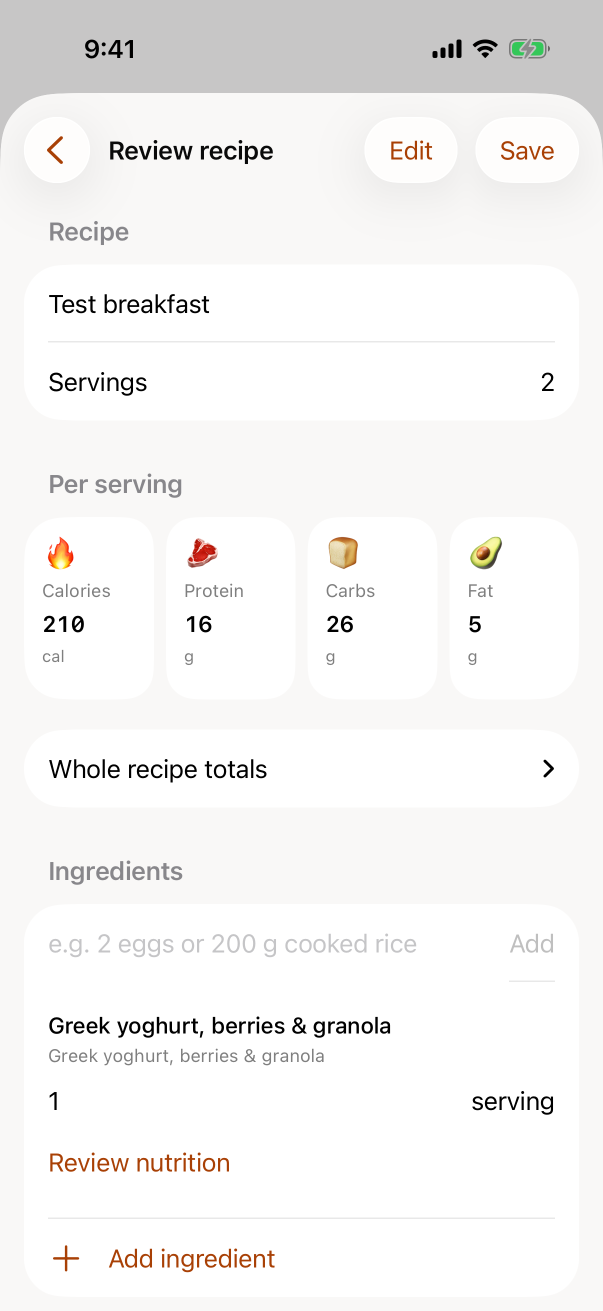 MacroMonkey recipe editor showing a synthetic breakfast recipe and its per-serving nutrition.