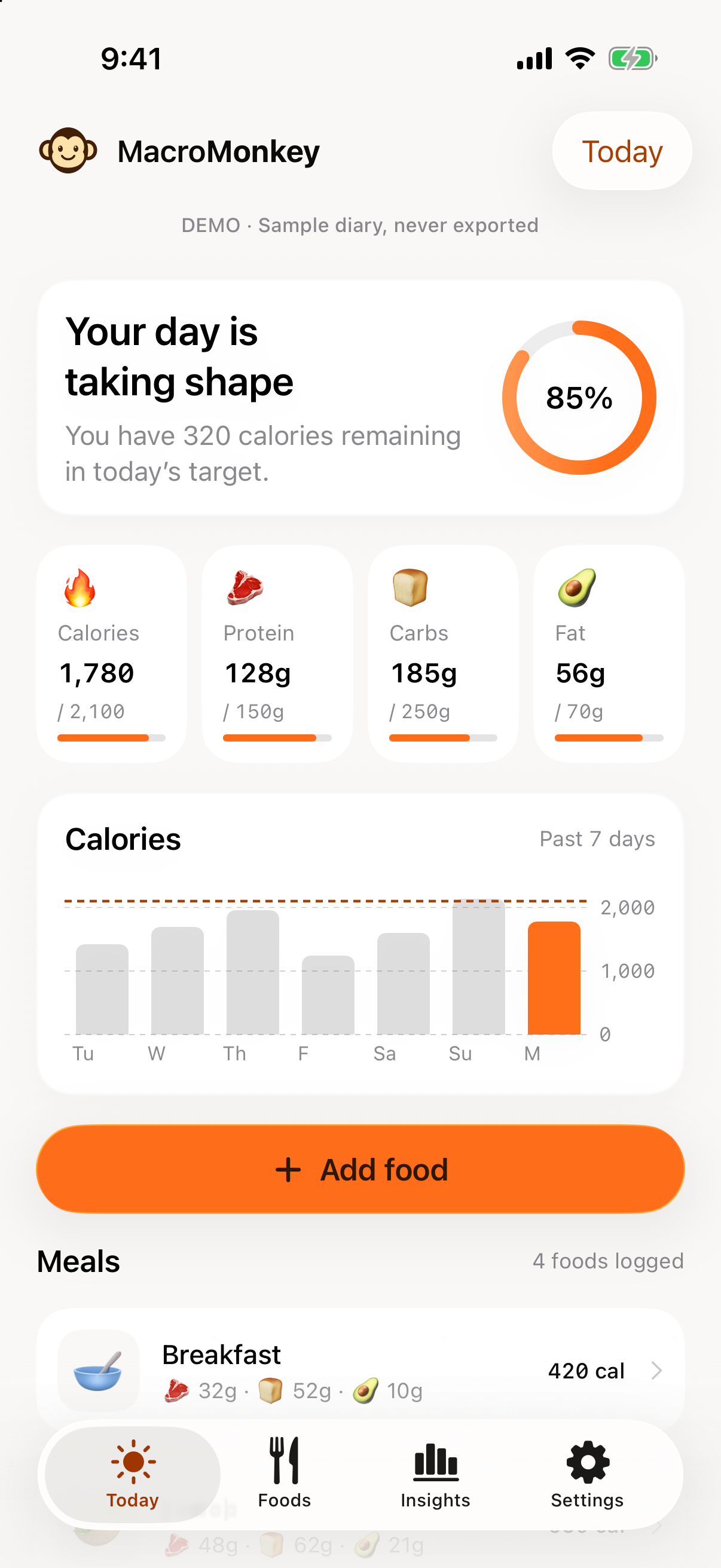 Daily nutrition summary and meal groups in MacroMonkey, using example data.